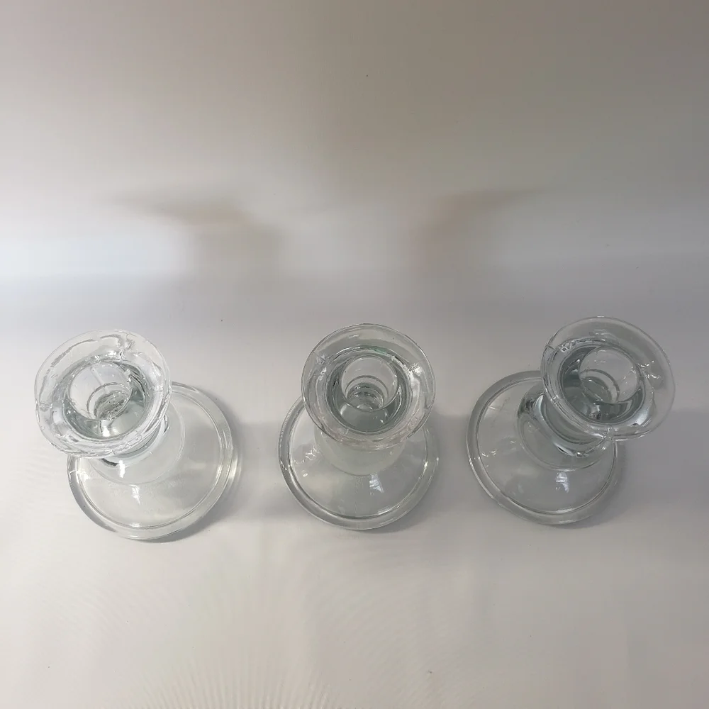 Vintage Leaded Clear Glass Taper Candle Holder Set Of 3